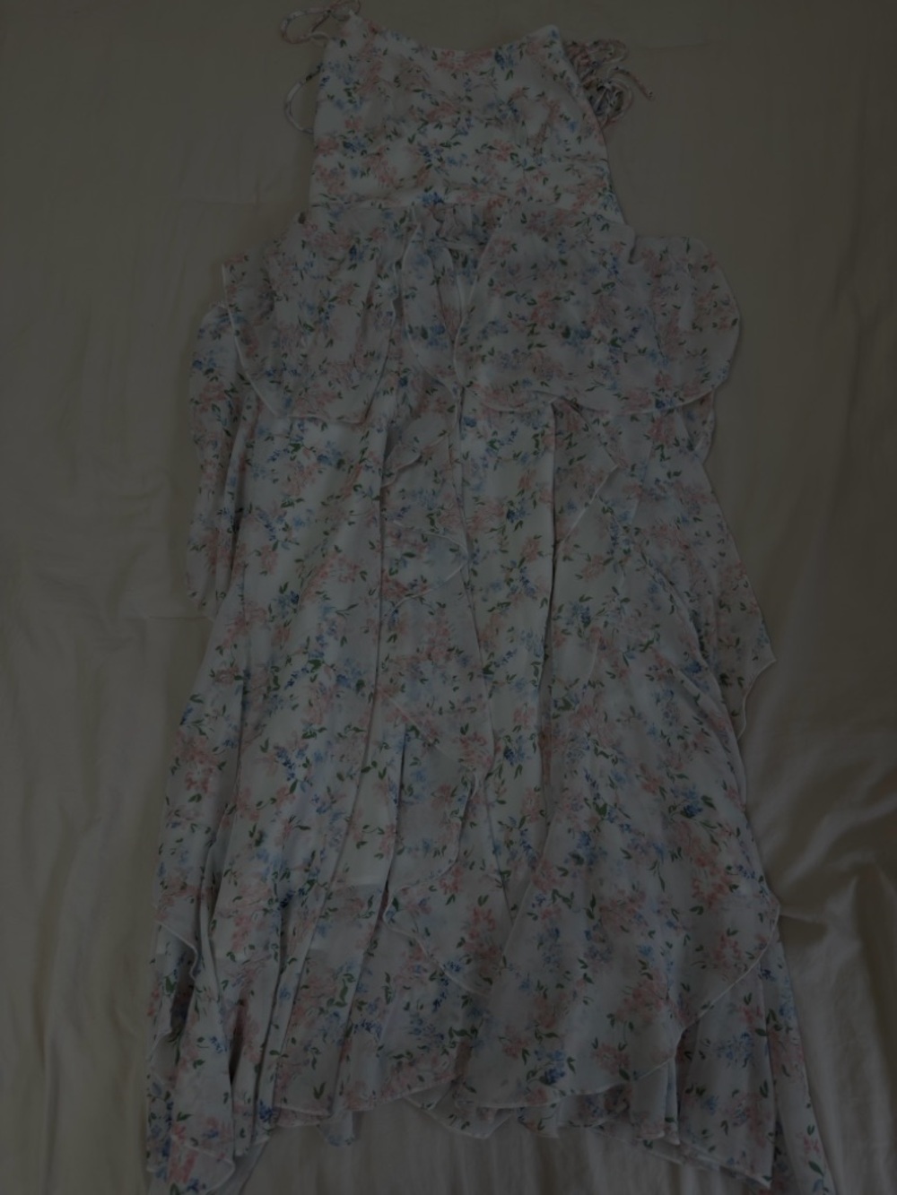 Light Floral Ruffle Maxi Dress - Pastel Blue & Pink